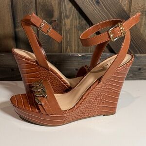 Guess Tan Croc-Embossed Wedge Sandals